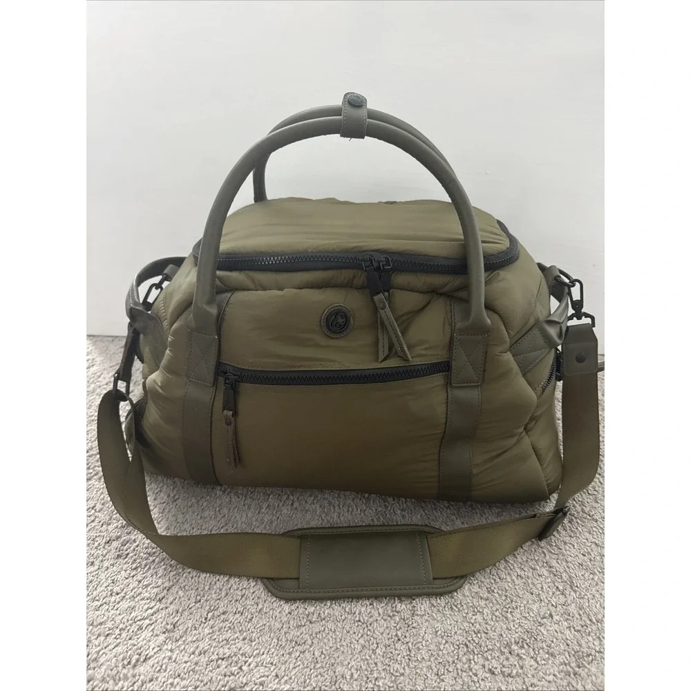 Joan & David Olive Green Puffer Quilted Duffle Bag Weekender Travel Handbag